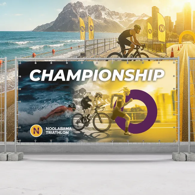 Custom printed PVC event banner on a temporary fence